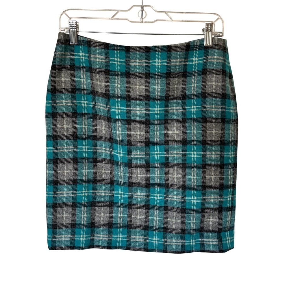 Talbots Plaid Pencil Skirt Womens 6P Teal Grey Wool Blend Petite Excellent twee